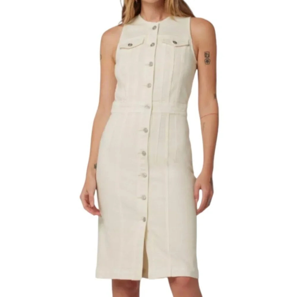 NWT Hudson Women's Cut In Denim Dress Button Down Ecru Sleeveless Knee Length L